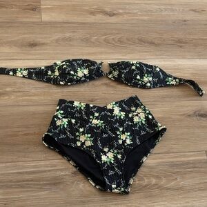 Aerie Black and Green Floral Bikini Set